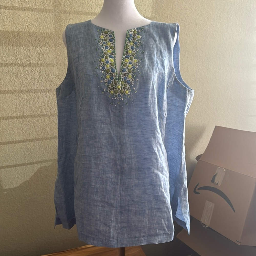 Lafayette 148 Sleeveless zip back beaded linen tunic top